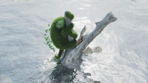 Digital art of a moss-y creature clinging to a tree branch in flood waters.